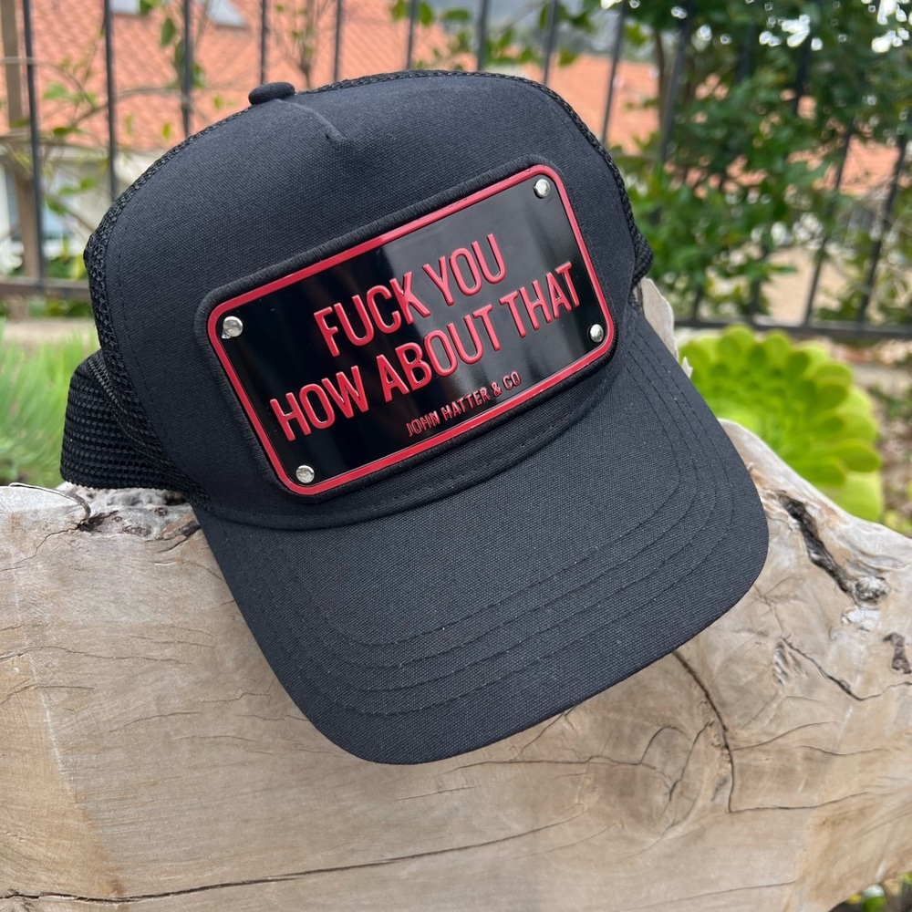 Black Trucker Hat with Red Text